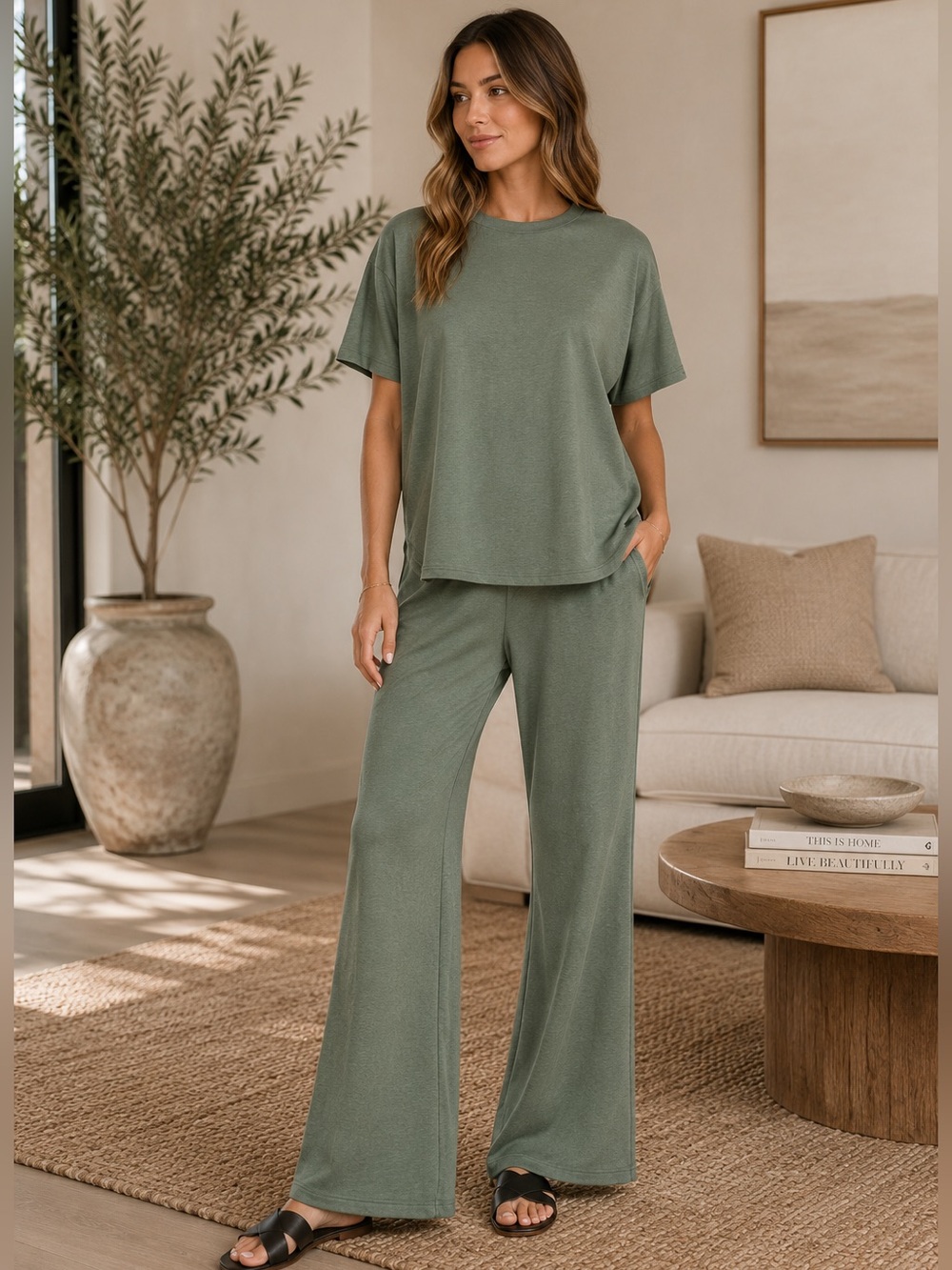 Relaxed Short-Sleeve Top & Wide-Leg Pant Set - Olive
